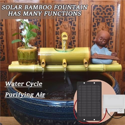 Solar Bamboo Fountain Decor, Creative Ornaments with Ceramic Monk 4 Water Outlets for Indoor Backyard Lawn,40in - Image 3