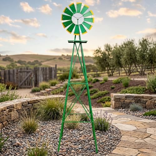 8FT Decorative Garden Windmill, Weather Resistant Metal Windmill for Yard and Lawn, Heavy Duty Outdoor Steel Windmill Tower with Quiet Ball Bearing and Direction Vane, Green - Image 3