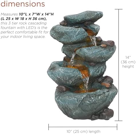 Alpine Corporation TZL418 14" 3 Tier Rock Fountain with LED Lights, Elegant Cascading Water Feature for Tabletop, Indoor Decor, Relaxing Stone Waterfall for Home & Office, Gray - Image 3