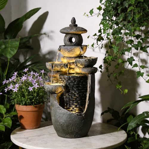 Tankana Zen Tiered Rock Water Fountain Outdoor, Stone Look Cascading Indoor Waterfall Fountains with Built-in Warm LED Lights, Japanese Tabletop Fountain for Patio Balcony Yard Meditation Decor - Image 3