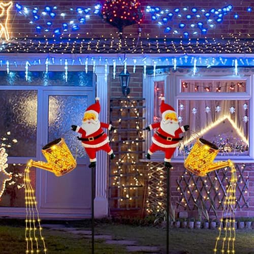 2 Pack Solar Christmas Lights Outdoor - Creative Santa Claus with Watering Can Solar Lights, Metal Waterproof Garden Stake Lights for Yard, Lawn, Patio, Pathway Holiday Decor (Warm White) by JOYWU