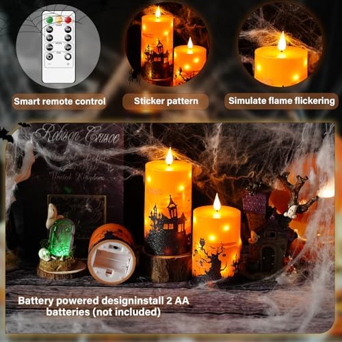 kakoya Flickering Flameless Candles with Remote,3 Pcs Real Wax LED Pillar Candles Battery Operate with Embedded Star String for Creation of Horror Atmosphere Halloween Decoration Gifts(Orange) - Image 3