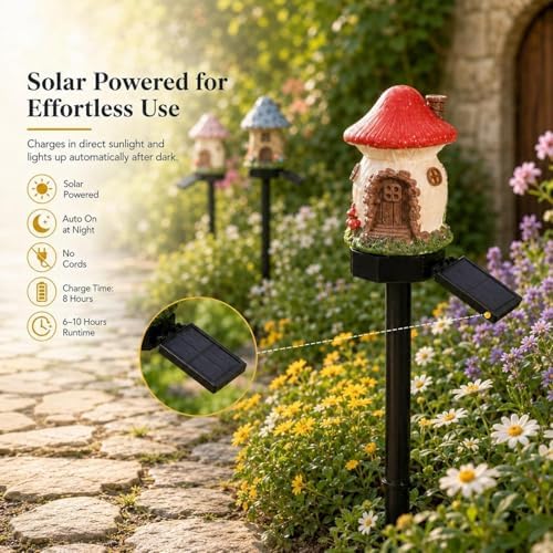 Solar Fairy-Tale Mushroom Cottage Garden Light, Whimsical Resin Fairy House Stake, Waterproof Warm Led Pathway Decor, Solar Powered Outdoor Landscape Lighting For Patio, Yard & Lawn (6PC-MIX) - Image 5
