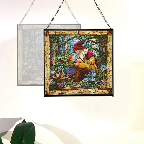 Gnome Mother Tending Her Child Stained Glass Suncatcher – Square Hanging Window Panel for Home, Garden, Nursery, Halloween, Christmas, Memorial Day – Whimsical Glass Art Gift for Gnome Lovers tpjzue - Image 4