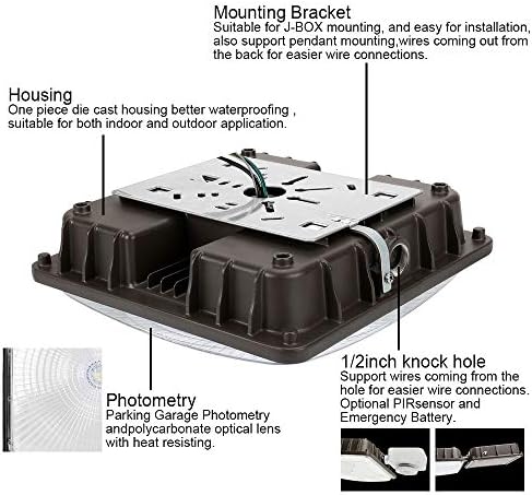 Konlite 6 Pack 60W LED Canopy Area Light - 250W HID/M.H. Equivalent - Bronze - 8000 Lumens - 5000K Cool White - 120-277V - UL, Idea for for Gas Station, Gym, Warehouse, Shop, Underpass, Loading Dock - Image 3