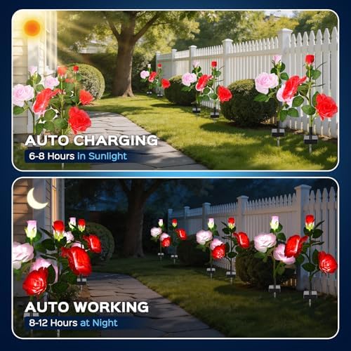 TANSOREN 4 Pack Solar Garden Lights Outdoor, 8 Lighting Modes Cool White LED Powered Waterproof Rose Flowers Landscape Light for Outside Yard, Patio, Pathway Decorative, Décor, Gifts - Image 4