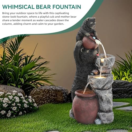 38" H Playful Twin Bear Statue Outdoor Fountain with LED Lights - Image 5