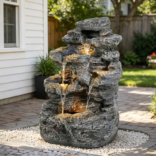 23.85" 5-Tier Concrete Fountain with LED Lights, Natural Rock Design - Image 3