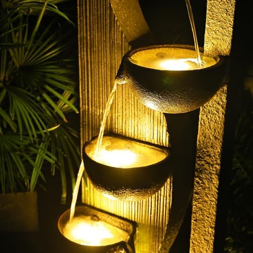 Sunlinua Garden Water Fountains Outdoor 5 Tiered Cascading Bowl Modern Waterfall Fountain with LED Lights, Natural Stones for Garden, Living Room, Patio, Yard Art Decor, 16.3" L * 10.8" W * 49.2" H - Image 5