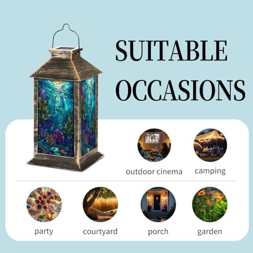 Solar Lantern Vibrant Ocean Inspired Stained Glass Masterpiece Swirling Corals Outdoor Waterproof Garden Hanging Lantern Solar Powered Lighting Outside Table Lamp for Patio Deck Camping 1 Pack - Image 5