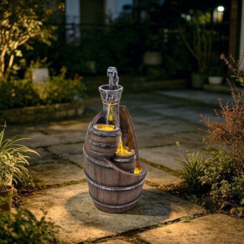 Vintage Pump Barrel Outdoor Water Fountain, Resin & LED, 21.7 in - Image 3
