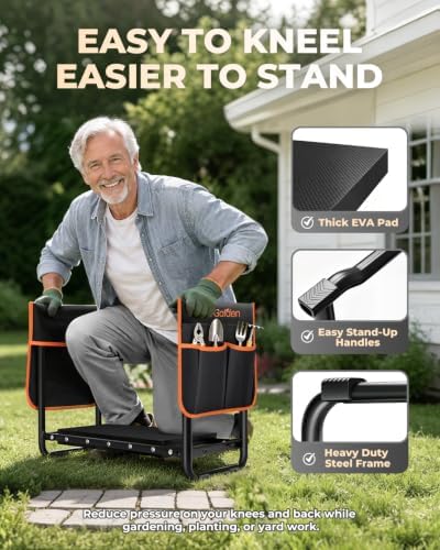 KVR Garden Kneeler and Seat with 2 Tool Pouches, Heavy Duty Foldable Gardening Stool, Portable Bench with Thick EVA Foam for Knee Support, Gifts for Seniors, Black/Orange - Image 2