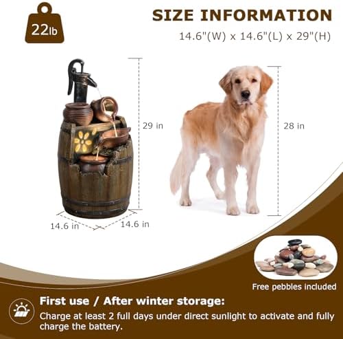29" Tall Barrel Solar Water Fountain Outdoor Garden - Image 2