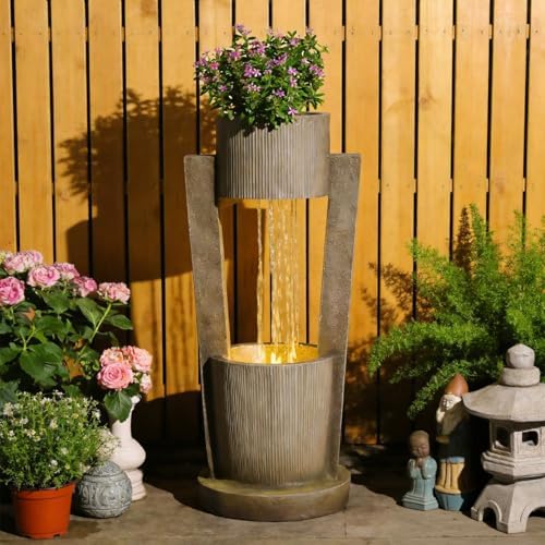 Sunlinua 31H Realistic Rock Outdoor Water Fountain with LED Light Brown by Sunlinua