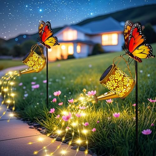 2pack Solar Watering Can Lights Butterfly Hook Outdoor Garden Decor by yeuago