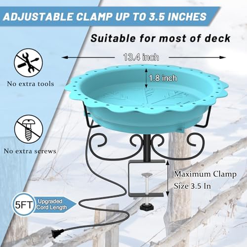 100W Heated Bird Baths for Outdoors, Heated Birdbath Outside Winter, Blue - Image 6
