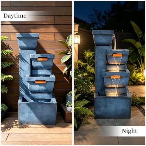 4-Tier Rock Outdoor Water Fountain, Resin with LED Light, 42 in - Image 6