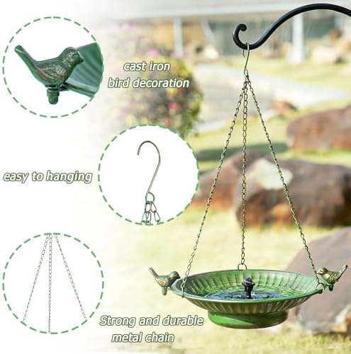 13" Hanging Bird Bath with Solar Fountain,Metal Solar Bird Bath (Green) - Image 6