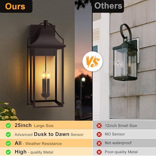 25IN Dusk to Dawn Outdoor Wall Sconce, 3-E12 Base Patio Light - Image 4