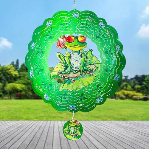 Frog Wind Spinners Outdoor Garden Decor for Outside - 12 Inch 3D Stainless Steel Metal Wind Spinners - Frog Gardening Gifts for Women, Yard Decorations Outdoor Hanging Decor by Unknown