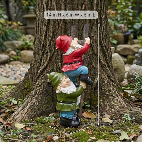 Elenon Funny Gnomes on Ladders Garden Statue, 14“ HIGH Gnomes Climbing Tree Figurine, Resin Outdoor Yard Lawn Decor, Cute Whimsical Patio Ornament for Garden, Porch, Backyard Decoration - Image 4