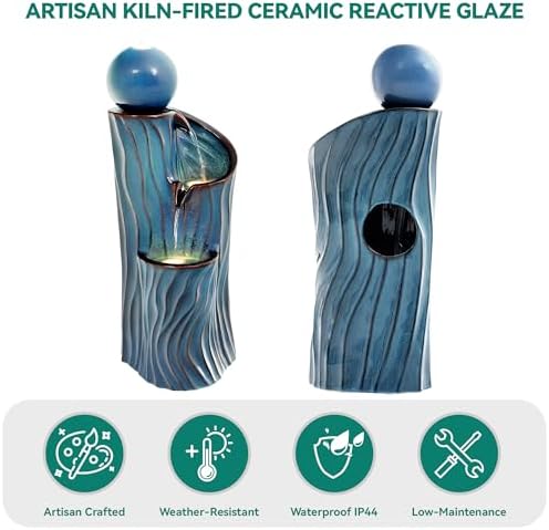 32" H Ceramic Outdoor Water Fountain, Art Sphere Dynamic Wave-Texture - Image 4