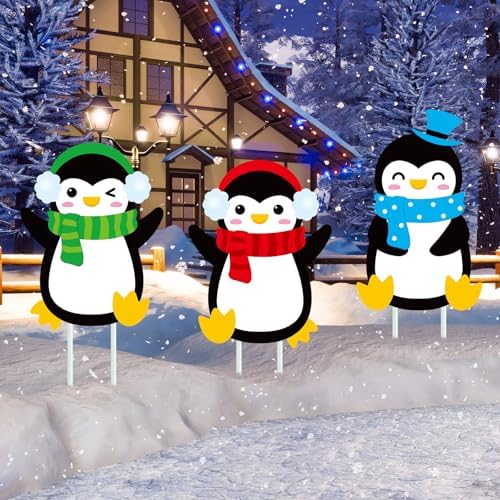 Drydiet 3 Pack Metal Christmas Yard Signs Decor Xmas Yard Stakes Outdoor with Stakes for Holiday Outdoor Garden Lawn Pathway Decoration(Penguin) by Drydiet
