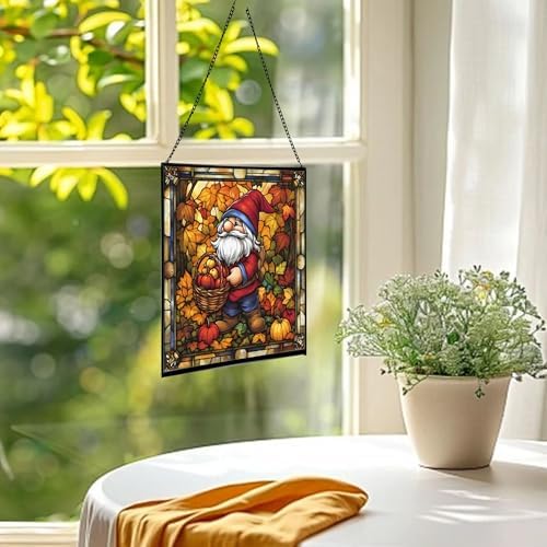 Autumn Harvest Gnome Stained Glass Suncatcher – Square Hanging Window Panel for Home or Greenhouse – Whimsical Glass Art Gift for Garden Lovers, Christmas, Halloween, Father Days NXugt7 - Image 3