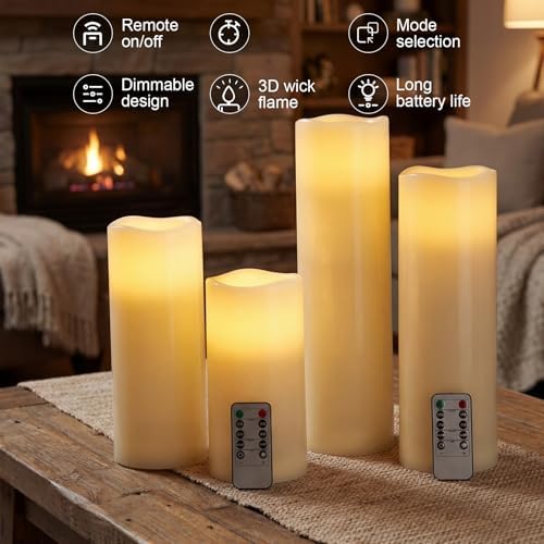 Rossesay 4 Pcs 8" 10" 12" 14" X 4", Flameless Candles, Ivory White, Vivid - Image 2