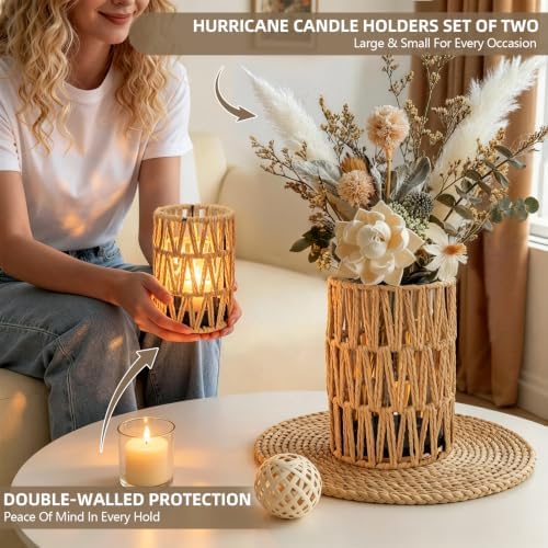 Rattan Boho Hurricane Candle Holder: Set of 2 Pillar Candle Holders with Glass Lanterns Cylinders—Farmhouse Decorative for Living Room, Table Centerpiece - Image 4