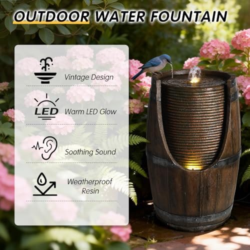 24.8" Outdoor Water Fountain with Lights, Rustic Barrel Outdoor Fountains and Waterfalls, Farmhouse Garden Water Fountain for Patio Porch Yard - Image 5