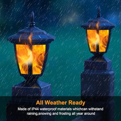 Dynaming 4 Pack Solar Flame Post Lights Outdoor, Solar Powered Lamps Fence Post Cap Lights, Flickering Flame LED Lantern Waterproof for Garden Deck Patio, Fit 4x4, 5x5 or 6x6 Wooden Posts, Bronze - Image 4