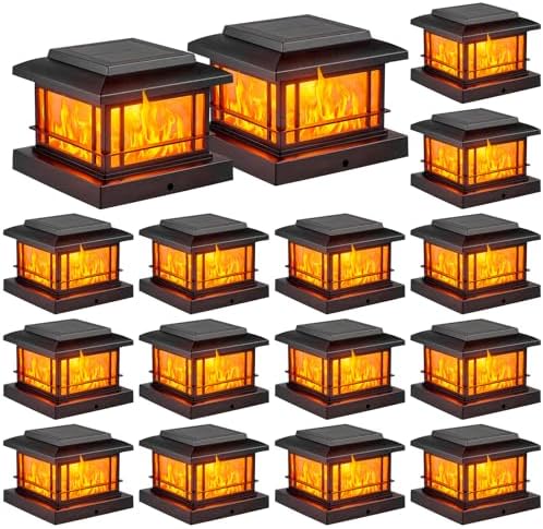 JOFIOS Flickering Flame Solar Post Cap Lights Outdoor, Black Post Lights with 3 Color Temperature, Fits 3.5" 4" 4.5" 5" Wood/Vinyl Posts, IP64 Waterproof Fence Deck Lights for Garden Patio Yard 16Pack by JOFIOS