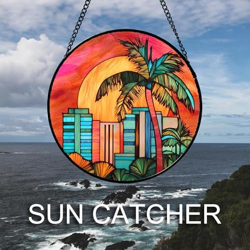 CHATYOUNG Stained Glass Window Hanging Sunrise Coconut Tree Large 11.8" - Colorful Suncatcher Door Garden Home Decor and Christmas Mother's Day Birthday Gifts for Grandma Mom Women Wife Friend Men - Image 4