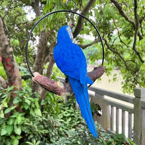 Hanging Scarlet Macaw Parrot Perching on Branch in Metal Round Ring for Home Patio Garden Decor 16" H (Blue and Yellow) - Image 4