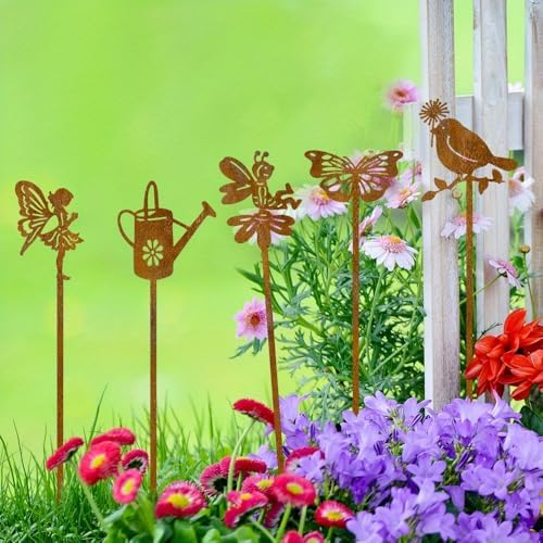 Garden Decorations 5pcs Rusty Metal Stakes - Rustic Outdoor Decor -of Rust-Look Stakes for, Patio Balcony - Vintage Yard Art with Handcrafted Appeal - Image 6