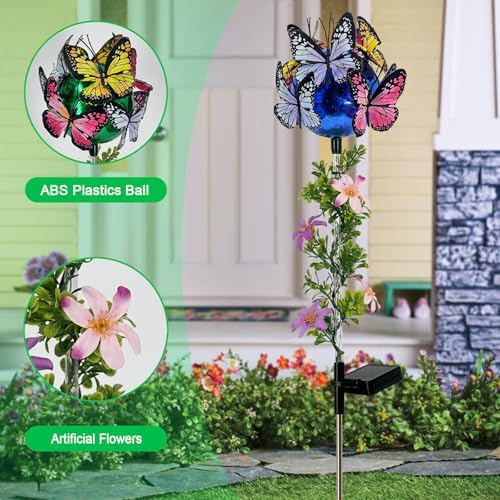 Solar Flowers Lights Outdoor Pathway,2 Pack Butterfly & Ball Garden Stakes - Image 3