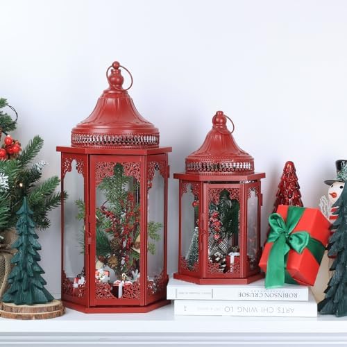 NEEDOMO Decorations for Home, 22''/15'' Set of 2 Lanterns with Glass Panels for Home Decor, Decorative Hanging Lantern Indoor Outdoor for Xmas Table Centerpieces, Porch, Patio(Red) - Image 5