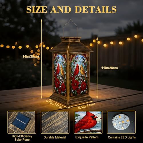 Solar Lantern Outdoor Waterproof Cardinals Branch Stained Glass Style Poinsettia Flowers Winter Berries Garden Decor LED Hanging Solar Lights Tabletop Lamp Gifts for Women Mom Outside Yard Patio Porch - Image 2