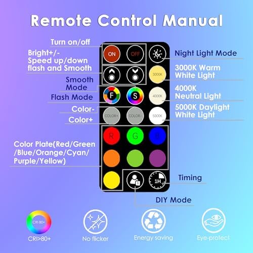FTL BR30 LED Color Changing Light Bulbs with Remote Control, 10W Dimmable Led Flood Light 65W Equivalent, 2700K-6000K, 30 Colors RGB Colored Light Bulbs, Timer, for Recessed Can Lighting, 6-Pack - Image 3