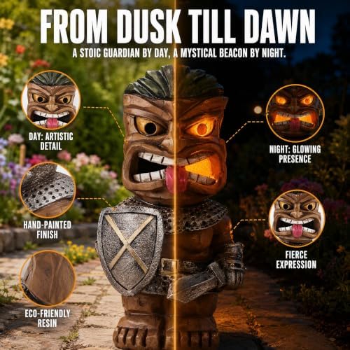 Solar Tiki Statue, Warrior with Sword & Shield, LED Eyes Outdoor Tiki Decor - Image 2