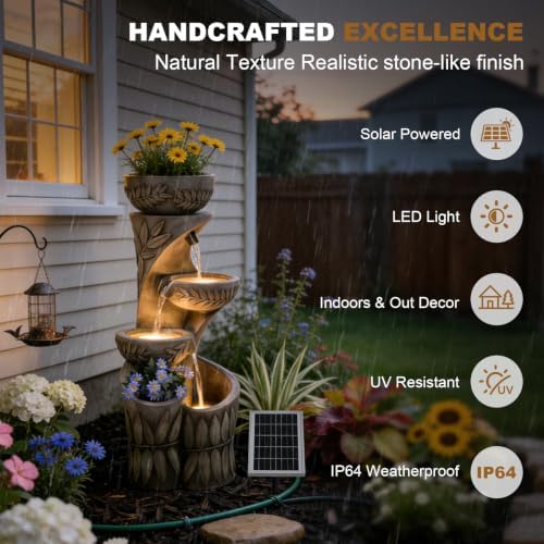 35.5" H Solar Water Fountain Outdoor with LED Lights, 4-Tier Cascading Garden Fountain with Planter Pots, Solar Powered Waterfall for Patio Yard Porch - Image 3
