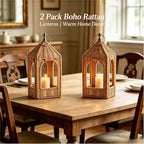 2 PCS Handmade Artificial Rattan Candle Lantern, Boho Woven Decor for Indoor Outdoor Patio Garden Wedding Home - Image 4