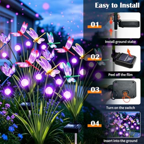 VOOKRY Dragonfly Solar Garden Lights Outdoor (8 Pack, 48 LEDs), Dragonfly Outdoor Decor with Solar Firefly Lights Waterproof Swaying Light for Yard Patio Pathway Lawn Gardening Gift for Women, Purple - Image 5