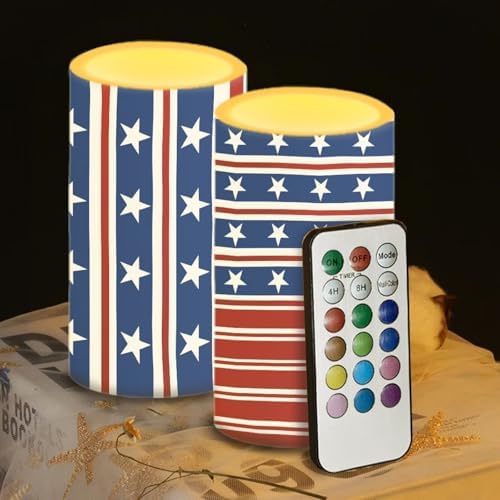 Flameless Candles with Remote and Timers Flickering Battery Operated USA Flag Candles Outdoor LED Pillar Candles for Independence Day Patriotic Decoration Set of 2 - Image 4