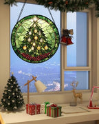 Green Christmas Tree Golden Bells Stained Glass Window Hanging Gifts 9.8" - Image 5