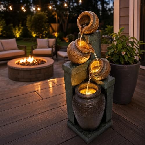 Outdoor Water Fountain with LED Lights, 34.84" Tiered Bowl Cascading Water Feature, Resin Garden Fountain for Patio, Backyard, Balcony, Porch, Deck, Housewarming Gift - Image 7
