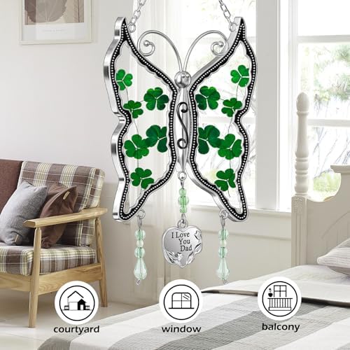 KY&BOSAM St Patrick's Day Shamrock Butterfly Suncatchers I Love You Dad Gifts Ornament Glass Irish for Windows Hanging Wind Chiem with Real Flower Wings Brithday Gifts for Dad Father`s Day Christmas - Image 3