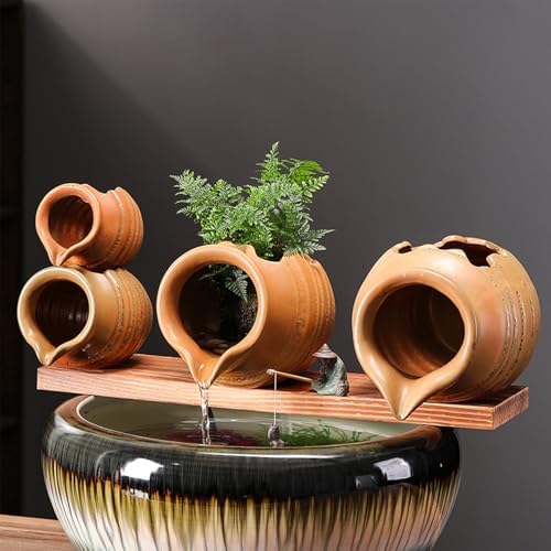 Pond Spitter Ceramic Jug Water Fountain Garden Outdoor Water Feature Planter Plant Flower Pot Jar Fish Tank Cave Waterfall Backyard Water Feature Outside Decoration Hydroponic Vase (Light Brown) - Image 2