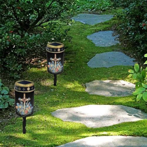 Poceacles Cross Solar Lights Solar Outdoor Lights Outdoor Waterproof Stake Solar Lights Votive Candles Grave Solar Candles for Memorial Day Decorations, Blue Butterfly Floral Cross Black, Pack of 4 - Image 4